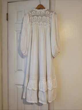 Vintage White Prairie Cottagecore Dress Crochet Lace Yoke Bishop Sleeves Boho M
